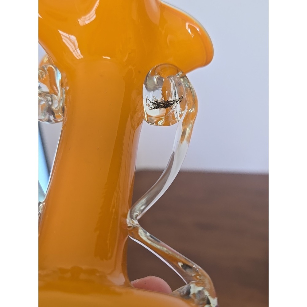 Vintage Orange Hand Blown Art Glass Vase Clear Handles Ruffled Rim Murano Style - Picture 5 of 8